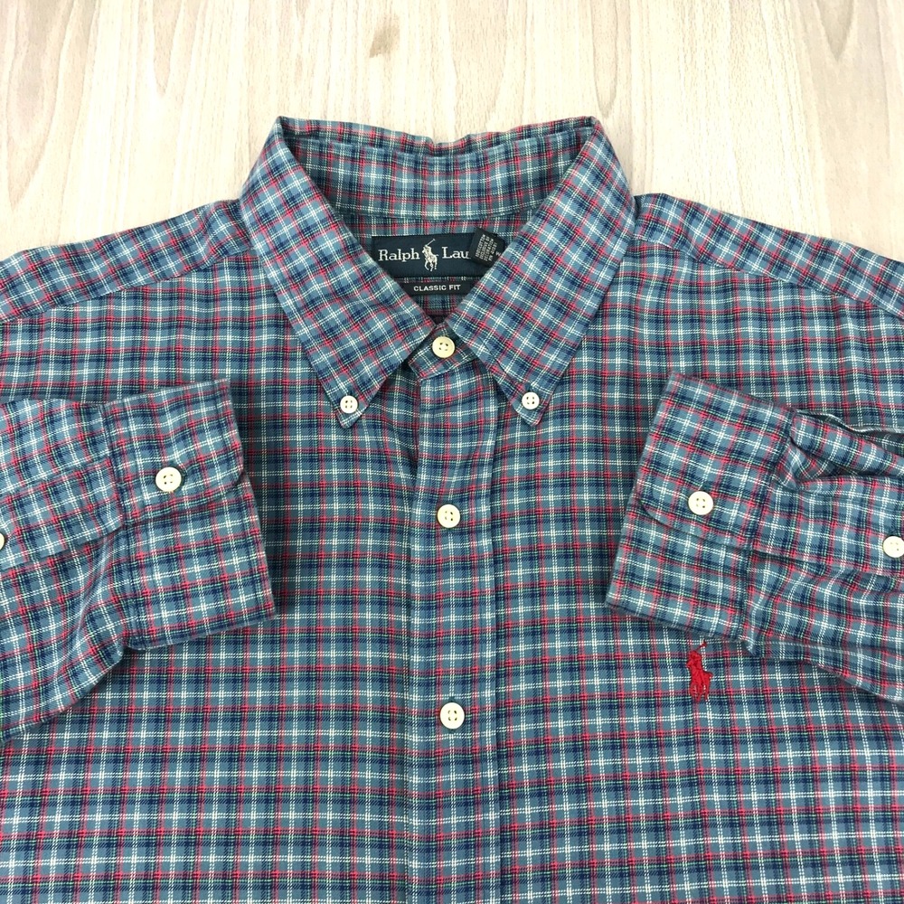 Polo Ralph Lauren Shirt‎ Mens XL Classic Fit Blue Red Plaid Long Sleeve Cotton